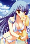  absurdres bikini blue_hair blush breasts brown_eyes cleavage cloud day front-tie_top hachimitsu_otome_blossom_days highres large_breasts long_hair miyasu_risa navel side-tie_bikini sky solo swimsuit towel wristband 