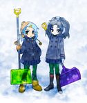  557kaktte blue_hair coat highres kamigusa_shizuru mishima_ruki multiple_girls radirgy short_hair shovel snow snow_shovel 