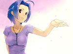  ahoge alternate_hairstyle blue_hair breasts collarbone forehead hands idolmaster idolmaster_(classic) idolmaster_2 jewelry large_breasts maitake_(loose) miura_azusa necklace red_eyes shirt short_hair smile solo t-shirt upper_body 