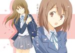  bag brown_eyes brown_hair duplicate extra hirasawa_yui k-on! long_hair multiple_girls natsushi school_uniform short_hair tachibana_himeko translation_request 