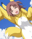  :d animal_ears bioroid_hei brown_hair costume eyes_closed female fox_tail infinite_stratos nohotoke_honne open_mouth outdoors sky sleeves_past_wrists smile solo tail 