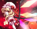  blonde_hair dress fang flandre_scarlet hat looking_at_viewer open_mouth red_background red_eyes ribbon shuri_yasuyuki smile solo touhou wings 