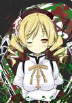  beret blonde_hair breasts crossed_arms drill_hair hair_ornament hat highres large_breasts magical_girl mahou_shoujo_madoka_magica one_eye_closed puffy_sleeves solo tachibana_(tach011194) tomoe_mami yellow_eyes 