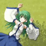  detached_sleeves grass green_eyes green_hair kochiya_sanae long_hair lying navel on_back smile solo taiga_(natsu_hotaru) touhou 