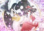  bad_id bad_pixiv_id blonde_hair bow brown_hair bug butterfly closed_eyes detached_sleeves dress flower hair_bow hair_tubes hakurei_reimu hat insect kirisame_marisa lying miyanonnon multiple_girls petals touhou witch_hat yin_yang 