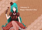  aki_(migim) aqua_eyes aqua_hair bad_id bad_pixiv_id dress fishnet_pantyhose fishnets food fruit gloves happy_valentine hat hatsune_miku long_hair mini_hat mini_top_hat one_eye_closed pantyhose sitting smile solo strawberry top_hat valentine very_long_hair vocaloid 