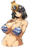  bikini bikini_top black_hair blue_eyes blush bottomless bracelet breasts cleavage collarbone erect_nipples female highres huge_breasts huge_nipples jewelry large_breasts menace navel nipples puffy_nipples queen&#039;s_blade queen's_blade setra simple_background smile solo standing striped striped_bikini striped_swimsuit sweat swimsuit tiara white_background yukimaru_(gojo) yukimarugojo 