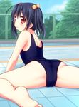  all_fours ass bare_legs bare_shoulders barefoot black_hair blush fence from_behind hair_bobbles hair_ornament light_smile looking_back on_floor one-piece_swimsuit original pool poolside red_eyes short_hair solo spread_legs swimsuit tiles tree twintails usashiro_mani water 