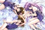  3girls breasts brown_eyes brown_hair cleavage female flat_chest iriya_kana iriya_no_sora_ufo_no_natsu komatsu_eiji large_breasts long_hair lying multiple_girls one-piece_swimsuit purple_hair red_eyes school_swimsuit short_hair swimsuit very_long_hair water 