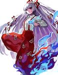  bad_id bad_pixiv_id blue_fire bow dress_shirt fire fujiwara_no_mokou hair_bow kogiso long_hair pants red_eyes shirt silver_hair solo suspenders touhou very_long_hair white_hair 