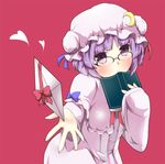  :&lt; akinoemo alternate_hair_length alternate_hairstyle bespectacled book crescent glasses hat patchouli_knowledge purple_eyes purple_hair short_hair solo touhou 