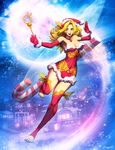  blonde_hair candy christmas cityscape copyright_request fairy_wings food genzoman hat red_legwear santa_costume santa_hat solo thighhighs wand wings yellow_eyes 