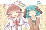  animal_ears brown_dress closed_eyes dress green_hair hat head_tilt kasodani_kyouko marujin multiple_girls music musical_note mystia_lorelei open_mouth pink_hair singing touhou upper_body v_arms wings 