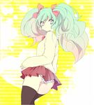  bad_id bad_pixiv_id from_behind green_hair hair_ribbon hatsune_miku long_hair looking_back motamota panties pantyshot ribbon skirt solo striped striped_panties sweater thighhighs twintails underwear vocaloid 