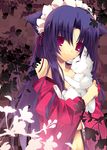  animal animal_ears animal_hug bare_shoulders cat cat_ears flower japanese_clothes leaf long_hair maid_headdress mizuki_(hmndk) navel original pink_eyes purple_eyes smile solo upper_body white_cat 