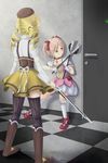  absurdres bad_id bad_pixiv_id beret blonde_hair boots checkered checkered_floor chewing_gum choker detached_sleeves door drill_hair from_behind gloves gun hair_ornament hairpin hat highres kaname_madoka kneehighs kneepits leon_the_professional magical_girl magical_musket mahou_shoujo_madoka_magica multiple_girls no_nose parody pink_eyes pink_hair pleated_skirt polpon puffy_sleeves ribbon rifle shears shoes short_hair skirt sparkle striped striped_legwear thighhighs tomoe_mami twin_drills twintails vertical-striped_legwear vertical_stripes weapon white_gloves zettai_ryouiki 