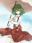  ascot bad_id bad_pixiv_id blush breasts green_hair kanazawa_hiromu kazami_yuuka medium_breasts petals plaid plaid_skirt plaid_vest red_eyes short_hair skirt skirt_set solo touhou umbrella vest 