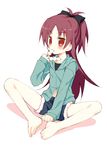  barefoot blush brown_eyes brown_hair butterfly_sitting eating feet full_body long_hair mahou_shoujo_madoka_magica meito_(maze) navel ponytail sakura_kyouko shorts sitting solo spread_legs 