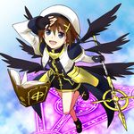  blue_eyes book brown_hair dorei_k gloves hair_ornament lyrical_nanoha magic_circle mahou_shoujo_lyrical_nanoha mahou_shoujo_lyrical_nanoha_a's schwertkreuz short_hair solo tome_of_the_night_sky wings x_hair_ornament yagami_hayate 