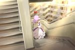  apartment backlighting blonde_hair bow dress gap hair_bow hair_up hat hat_ribbon highres light_rays looking_at_viewer mukai parasol purple_eyes railing ribbon scenery sidelocks solo stairs sunbeam sunlight touhou tsurime umbrella yakumo_yukari 