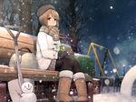  bag bare_tree bench beret black_legwear blush bob_cut boots brown_eyes brown_hair coat hagiwara_yukiho hat hitoto idolmaster idolmaster_(classic) mittens pantyhose park parted_lips plaid plaid_scarf scarf short_hair shovel sitting skirt snow snowman solo swing tin_can tree winter_clothes winter_coat 