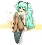  aqua_hair bare_shoulders blue_eyes blush colorized feet fira_yuki hair_ribbon hatsune_miku highres legs long_hair pantyhose ribbon sitting smile solo twintails vocaloid 