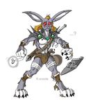  black-rat ears eyes gloves glow glowing keanon_woods lagomorph mammal necklace nose paws plain_background rabbit shield shoes solo sword teeth transformation warrior weapon white_background 