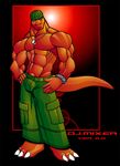  claws dinosaur dj_mixer_(character) green_eyes lizard looking_at_viewer male muscles reptile scalie standing t-rex tail tkc2021 