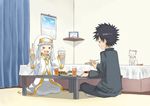  &gt;_&lt; 1girl :3 bad_id bad_pixiv_id bed bedroom cat chiroru_(7450n) closed_eyes eating food habit highres index indoors kamijou_touma nun robe safety_pin school_uniform sphinx_(index) table to_aru_majutsu_no_index 