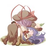  all_fours bad_id bad_pixiv_id blue_hair blush boots closed_eyes cross-laced_footwear doromizu food frills fruit hat hinanawi_tenshi lace-up_boots long_hair lying multiple_girls nagae_iku on_back peach purple_hair shawl short_hair touhou yuri 