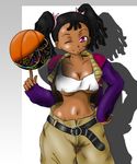  ayukawa_miyuki basketball basquash! breasts dark_skin dreadlocks hairlocs midriff navel purple_eyes tank_top twintails underboob wink 