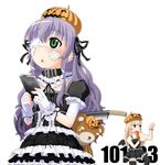  :&lt; bandages bear black_eyes blonde_hair blush_stickers bracelet cellphone chemise choker cleaver ear_piercing earrings eyepatch frills gothic_lolita green_eyes halloween highres iphone jewelry lolita_fashion long_hair looking_up multiple_girls original phone piercing pumpkin purple_hair ribbon s_ibane smartphone stuffed_animal stuffed_toy thighhighs wings zettai_ryouiki 