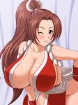  breasts brown_eyes brown_hair fatal_fury king_of_fighters large_breasts long_hair ponytail shiranui_mai smile snk tomite wink 