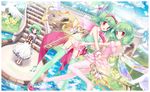  bad_id bad_pixiv_id bare_shoulders barefoot bird blush drill_hair dutch_angle flying green_hair hat hat_removed headwear_removed heart highres key kimishima_ao macross macross_frontier multiple_girls multiple_persona musical_note railing rainbow ranka_lee red_eyes short_hair smile stairs thighhighs wings 