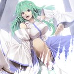  :d bare_shoulders black_eyes breasts detached_sleeves gohei green_hair hair_ornament highres huge_breasts kochiya_sanae long_hair md5_mismatch open_mouth pose smile solo text_in_eyes touhou tro 