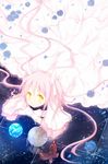  anthony_(madoka_magica) blue_flower blue_rose bug butterfly dress earth flower fred04142 glowing highres insect kaname_madoka long_hair lying mahou_shoujo_madoka_magica on_stomach petals pink_hair rose smile space spoilers ultimate_madoka white white_background white_dress yellow_eyes 