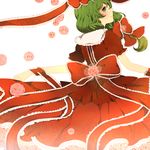  bad_id bad_pixiv_id bow dress flower frills from_behind front_ponytail green_eyes green_hair hair_bow highres kagiyama_hina komine long_hair looking_back pink_flower pink_rose red_dress rose simple_background solo touhou 