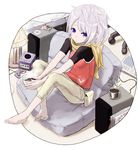  barefoot blue_eyes cd cup feet game_console gamecube original plant potted_plant reitana scarf short_hair silver_hair sitting solo speaker tea 