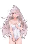  1girl bangs bare_arms bare_shoulders blush bottomless breasts camisole collarbone covering covering_crotch cowboy_shot eyebrows_visible_through_hair gluteal_fold grey_hair groin hand_on_own_chest hank_(gogaek) highres last_origin long_hair looking_at_viewer pink_eyes simple_background small_breasts solo straight_hair strap_slip thigh_gap thighhighs underwear underwear_only very_long_hair white_background 