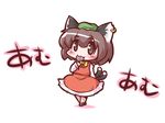  :3 animal_ears bow bowtie brown_eyes brown_hair candy cat_ears cat_tail chen chibi dress earrings food hat jewelry lollipop maitora multiple_tails short_hair solo standing tail touhou 