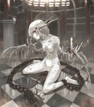  ankle_cuffs arms_behind_back barefoot bdsm blood bondage bound chain checkered checkered_floor chess_piece horns imoman monster_girl nude on_floor original red_eyes short_hair sitting solo tattoo toenails wariza wings 
