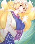  bad_id bad_pixiv_id blonde_hair blush breast_hold breasts fox_tail hands_in_opposite_sleeves hat kazu_(mayonakatv) large_breasts multiple_tails orange_eyes shirt short_hair solo surcoat tail taut_clothes taut_shirt touhou upper_body yakumo_ran 