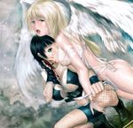  2girls angel between_legs bite biting black_hair blonde_hair blood bracelet breasts dagger dark_hair fangs fishnet_bodysuit fishnets green_eyes hand_between_legs jewelry kunoichi large_breasts multiple_girls ninja s_zenith_lee tears vampire vampire_angel weapon wings yuri 