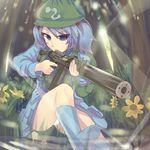 9a-91 assault_rifle backpack bag blue_eyes blue_hair daito flower forest gun hair_bobbles hair_ornament hat kawashiro_nitori nature panties pantyshot rifle solo suppressor touhou two_side_up underwear weapon white_panties 