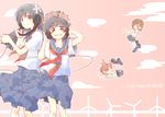  aircraft black_hair blimp blush blush_stickers brown_hair chibi commentary_request dirigible eerr falling flower hair_flower hair_ornament head_wreath headphones leg_warmers long_hair misaka_mikoto multiple_girls sakugawa_school_uniform saten_ruiko school_uniform serafuku shirai_kuroko short_hair skirt to_aru_kagaku_no_railgun to_aru_majutsu_no_index uiharu_kazari windmill 