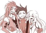  2boys bad_id bad_pixiv_id brown_hair collet_brunel cork_(the_loreley) gloves grin headband lloyd_irving long_hair monochrome multiple_boys smile tales_of_(series) tales_of_symphonia zelos_wilder 