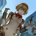  1girl aegis_(persona) android aqua_eyes armband blonde_hair building city dutch_angle giantess hairband koromaru kyodairobo persona persona_3 reflection short_hair yuuki_makoto 