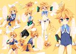  1boy ahoge angry animal_ears animal_tail ass blonde_hair blue_eyes blush bow bulge chibi child crossdress crossdressing detached_sleeves frown hair_bow hair_ornament hair_tie hairclip hand_on_hip hips kagamine_len kagamine_len_no_bousou_(vocaloid) kagamine_rin looking_back male_focus navel open_mouth ponytail short_hair siblings simple_background sitting smile solo swimsuit tail torn_clothes translation_request trap twins vocaloid white_legwear white_thighhighs 