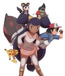  apple axew child dark_skin emolga excadrill food fruit iris_(pokemon) long_hair pikachu pokemon purple_hair satoshi_(pokemon) 