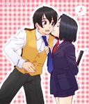  1girl androgynous blush closed_fan couple fan folding_fan formal hetero imminent_kiss kou_(kounotori69) kujou_subaru musical_note necktie necktie_grab neckwear_grab sakura_taisen sakura_taisen_v suit taiga_shinjirou 